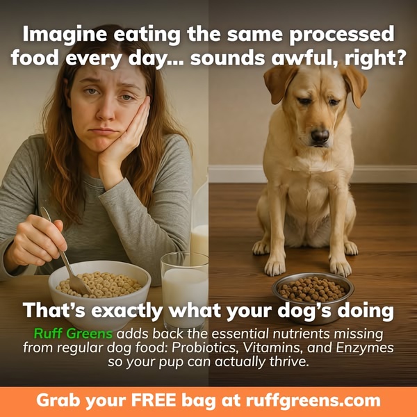 A split-screen comparison showing a bored person eating cereal versus a dog staring at dry kibble to highlight the need for nutritional additives.